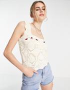 Y.a.s Strawberry Embroidered Crochet Top In Cream-white