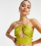 Asos Design Petite Halter Front Scarf Top With Ring Trim Detail And Split Front In Green