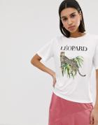 Neon Rose Relaxed T-shirt With Leopard Graphic - White