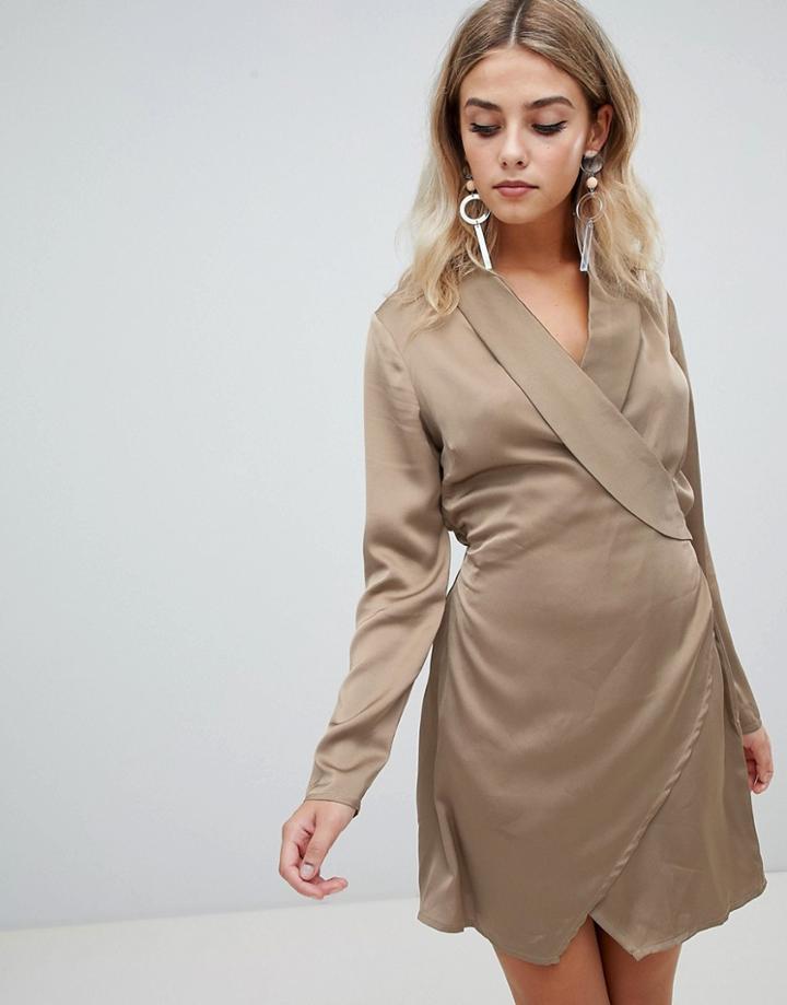 Missguided Satin Wrap Dress In Khaki - Green