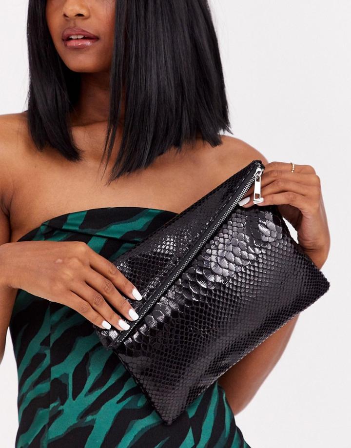 Asos Design Asymmetric Clutch In Snake-black
