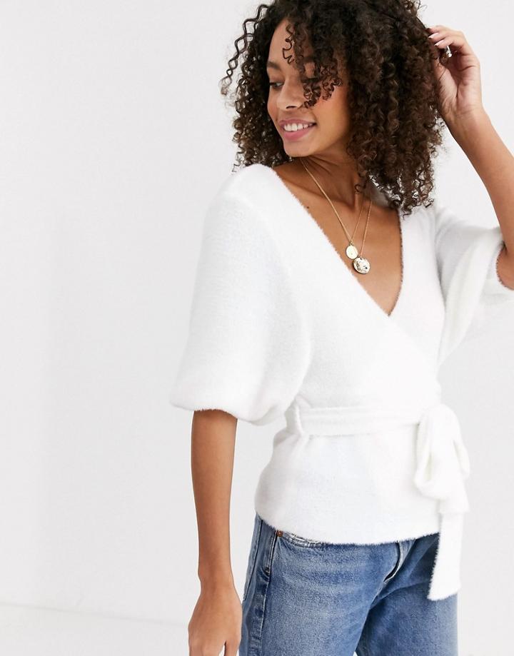 Asos Design Fluffy Wrap Sweater-white