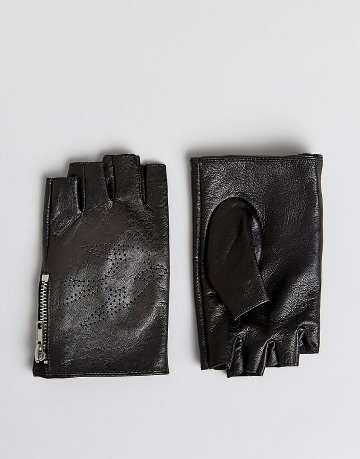 Asos Fingerless Leather Gloves In Black With Swallow Design - Black