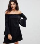 Asos Tall Off Shoulder Mini Dress With Trumpet Sleeve - Black