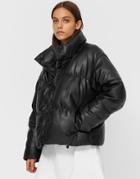 Stradivarius Faux Leather Padded Puffer Jacket In Black