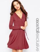 Asos Tall Wrap Front Mini Dress With Long Sleeves - Red