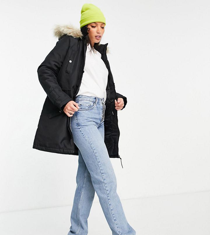 Vero Moda Tall Parka With Faux Fur Lined Hood In Black