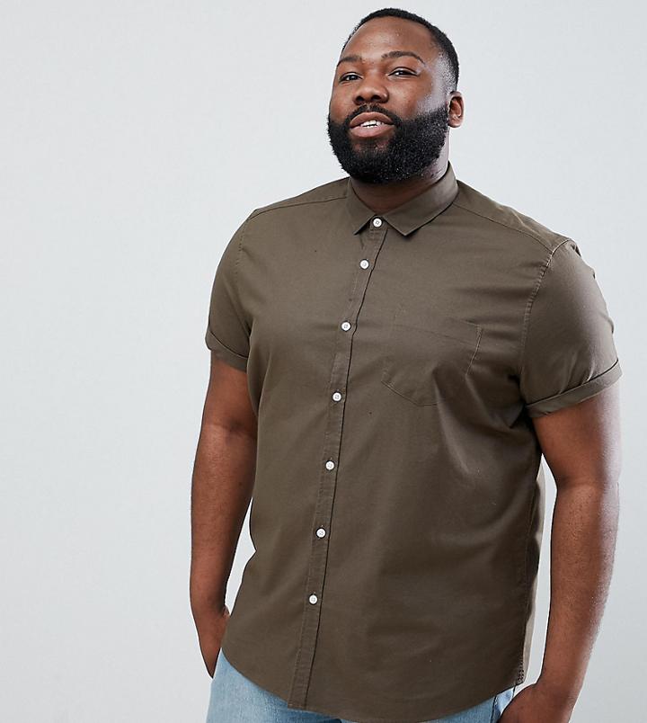 Asos Design Plus Stretch Regular Oxford Shirt In Khaki - Green