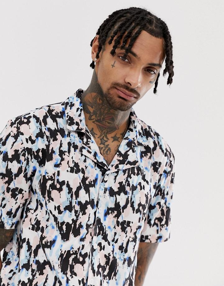 Another Influence Abstract Camo Revere Collar Short Sleeve Shirt - White