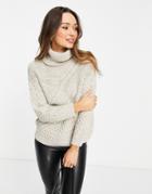 Topshop Knitted Cable Cut About Roll Neck Sweater In Stone-neutral