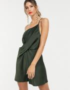 Asos Design Mini Dress With One Shoulder In Satin - Green