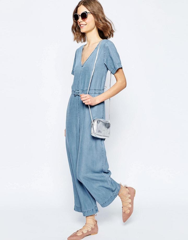 Asos Denim Premium Bow Jumpsuit - Midwash Blue