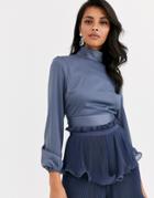 True Decadence High Neck Sateen Top With Blouson Sleeve And Back Bow Detail In Dark Blue
