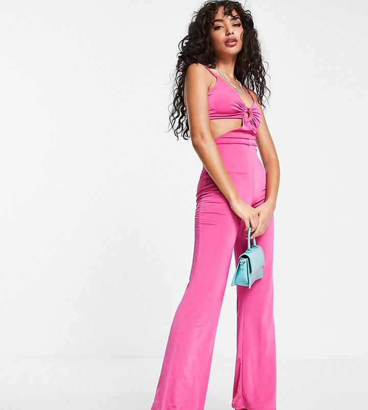 Flounce London Petite Cut Out Flared Jumpsuit In Hot Pink Satin