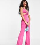 Flounce London Petite Cut Out Flared Jumpsuit In Hot Pink Satin