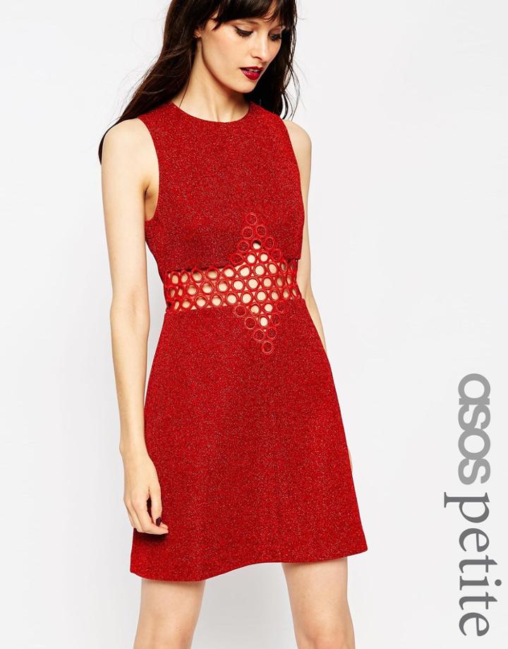 Asos Petite High Neck Glitter Shift Dress With Embroidered Cutwork Detail - Red