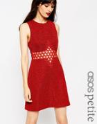 Asos Petite High Neck Glitter Shift Dress With Embroidered Cutwork Detail - Red