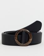 Asos Design Faux Leather Slim Belt In Black With Tort Circle Buckle - Black