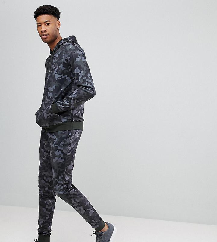 Asos Tall Poly Tricot Tracksuit Hoodie/skinny Joggers In Camo - Black