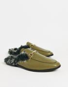 Asos Design Backless Mule Loafer In Khaki Faux Leather With Faux Fur-green