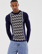 River Island Sweater With Block Geo Design In Navy - Navy