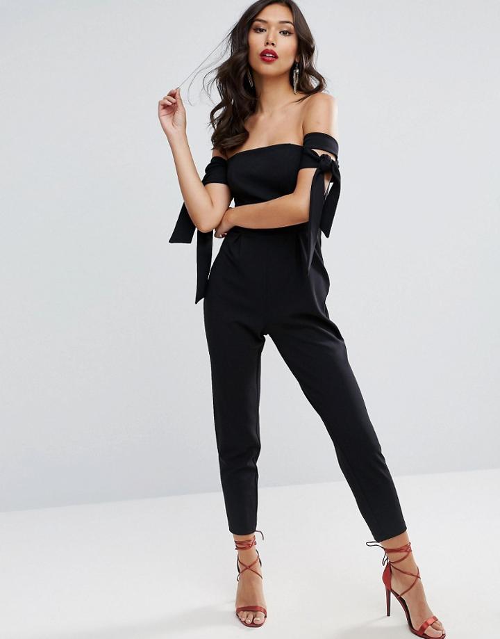 Asos Bardot Jumpsuit With Tie Sleeve Detail - Black