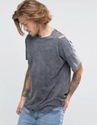 Asos Oversized T-shirt With Acid Wash And Heavy Distress - Acid Wash Gray