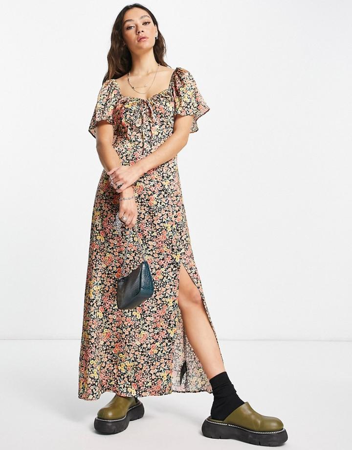 Topshop Satin Ruched Sweatheart Midi Dress In Ditsy Floral-multi