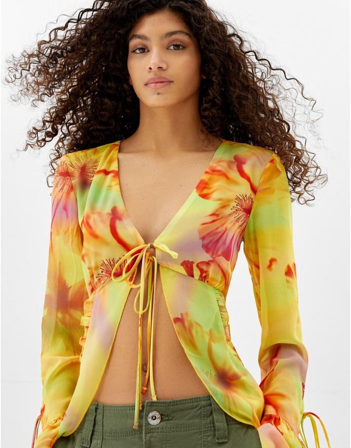 Bershka Tie Front Ruffle Detail 90s Kimono In Multi Print