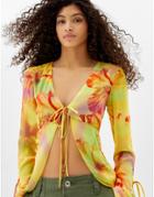 Bershka Tie Front Ruffle Detail 90s Kimono In Multi Print