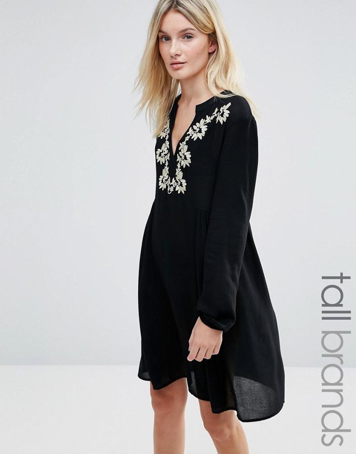 Brave Soul Tall Dress With Embroidered Neckline - Black