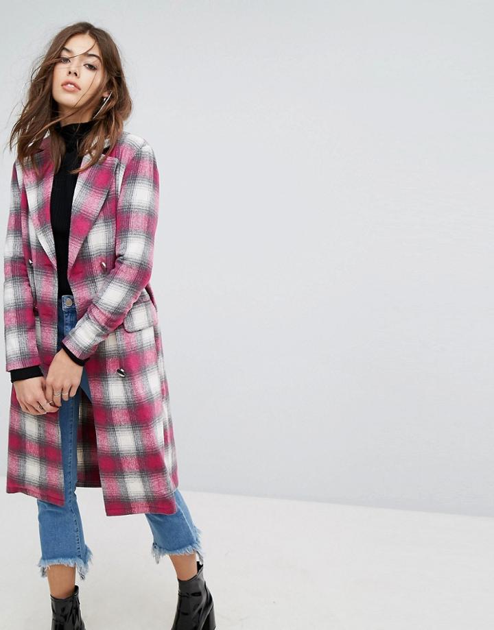 Prettylittlething Longline Check Coat - Pink