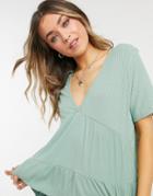 Asos Design Tiered Smock Top In Rib With V Neck In Sage Green