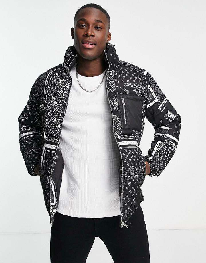 Jack & Jones Originals Heavy Puffer With Pocket In Black Paisley