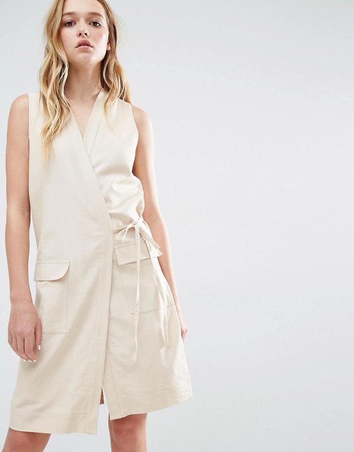 Neon Rose Sleeveless Dress With Wrap Front - Beige