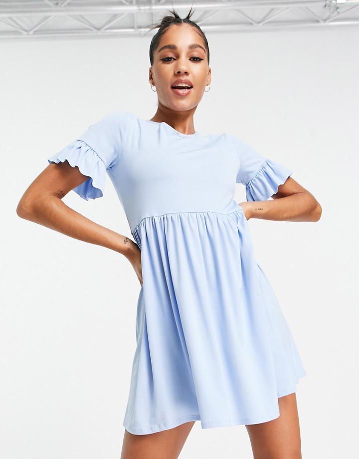 Flounce London Smock Dress With Frill Sleeve In Blue-blues