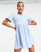 Flounce London Smock Dress With Frill Sleeve In Blue-blues