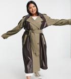Asos Design Curve Faux Leather Spliced Trench In Brown-multi