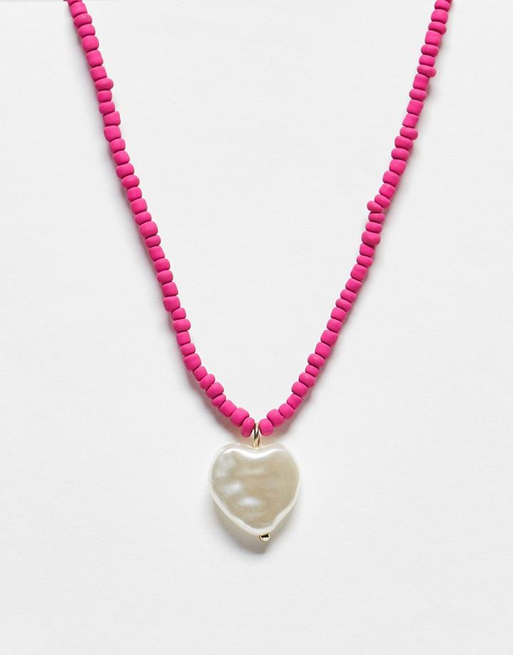 & Other Stories Short Beaded Necklace With Heart Pendant-pink