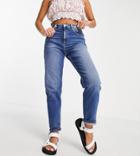 Asos Design Petite High Rise 'farleigh' Slim Mom Jeans In Authentic Midwash-blues