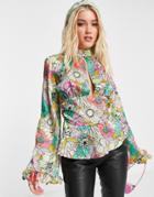 Asos Design High Neck Top With Cut Out Detail In 60s Floral Print-multi