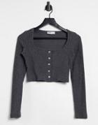 Bershka Square Neck Jewel Button Top In Charcoal-grey
