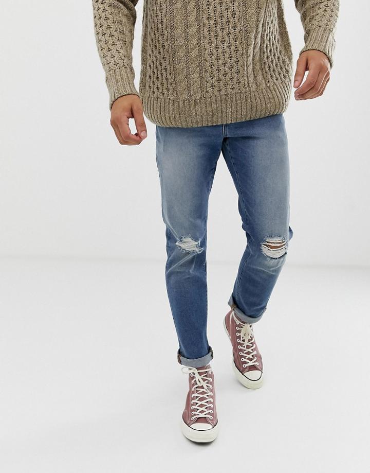 Asos Design 12.5oz Slim Jeans Vintage Mid Wash With Knee Rips - Blue