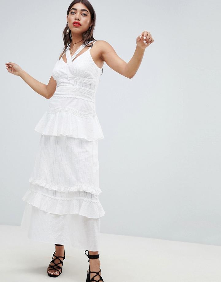Lost Ink Cami Maxi Dress With Ruffle Layers In Crochet Mix Fabric - White