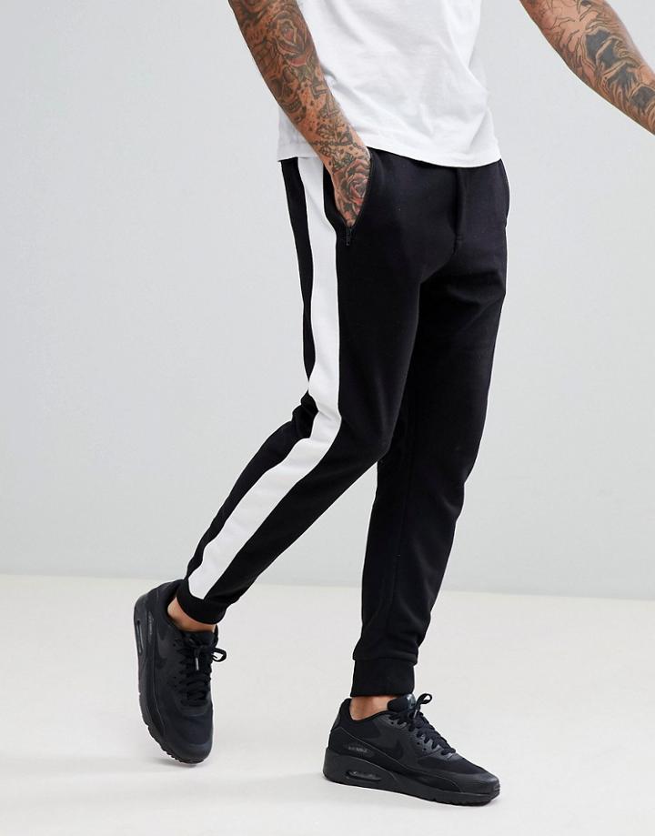 Bershka Side Stripe Joggers With Zip Pockets In Black - Black