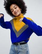 Lasula Color Block Roll Neck Cropped Sweater - Multi