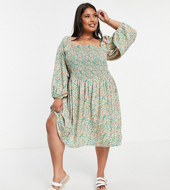 Only Curve Midi Smock Dress With Shirring And Volume Sleeves In Green Floral Print-multi