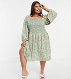 Only Curve Midi Smock Dress With Shirring And Volume Sleeves In Green Floral Print-multi