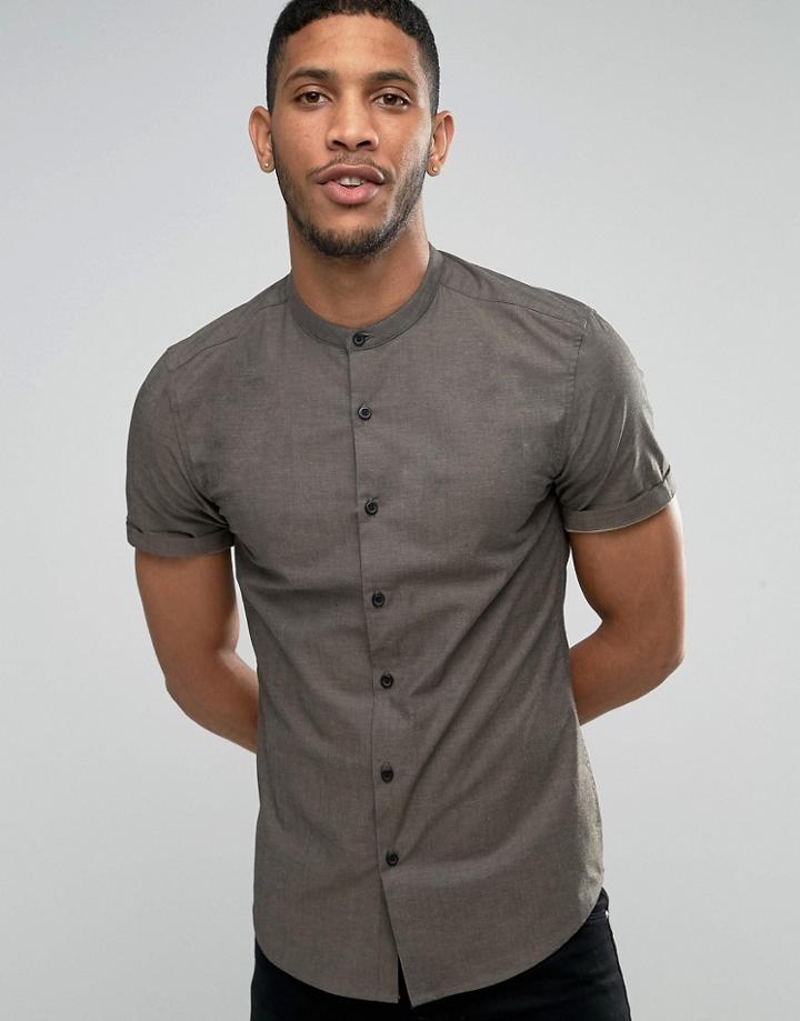 Asos Skinny Shirt In Khaki Tonic With Short Sleeves - Green