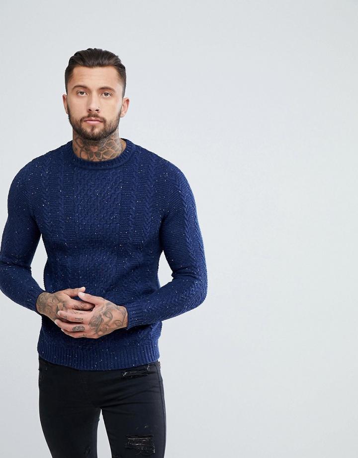 Pull & Bear Cable Knit Sweater In Navy Nep - Navy